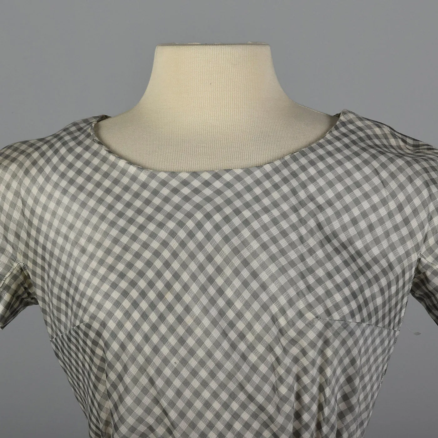 1950s Gray and White Gingham Dress with Velvet Waist Band