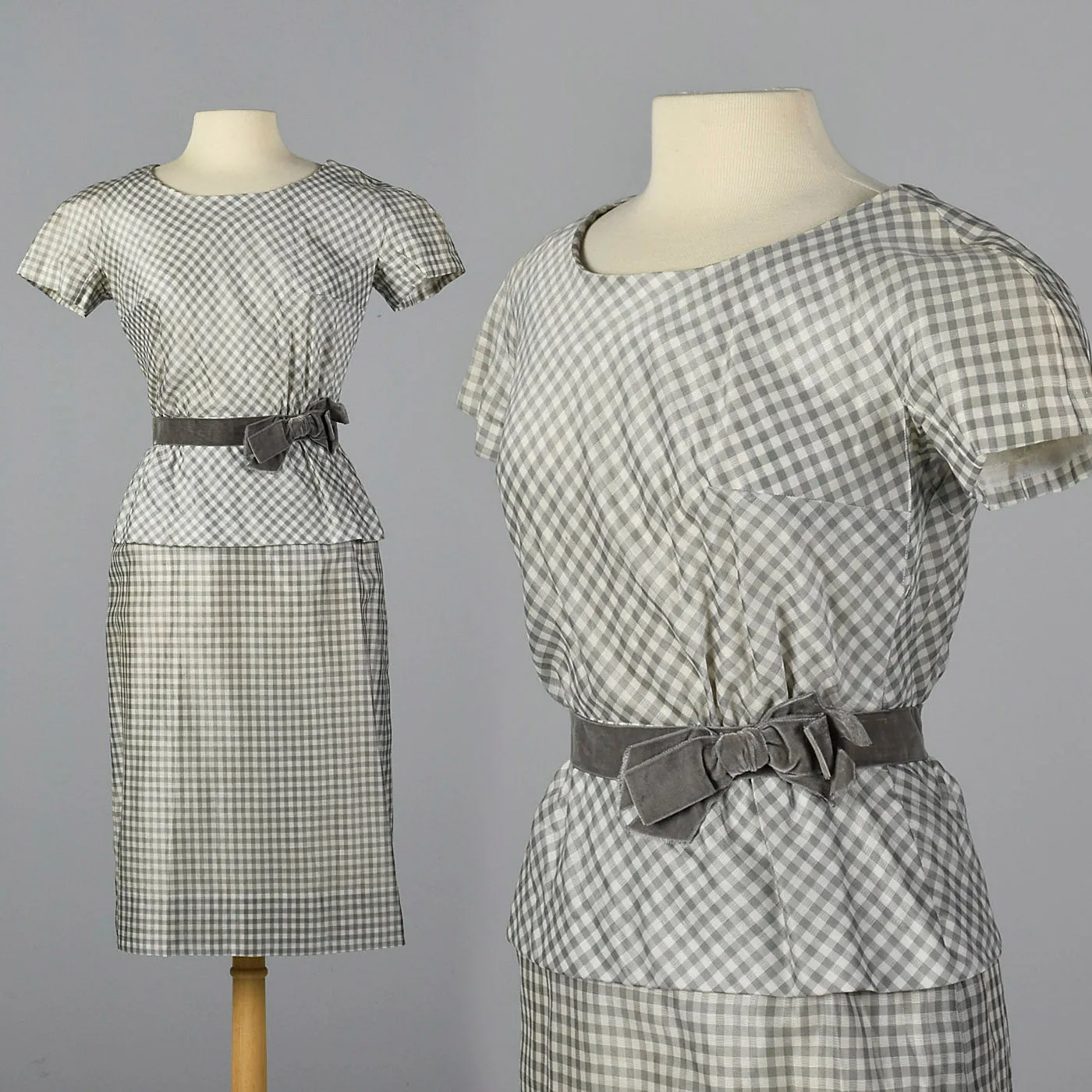 1950s Gray and White Gingham Dress with Velvet Waist Band