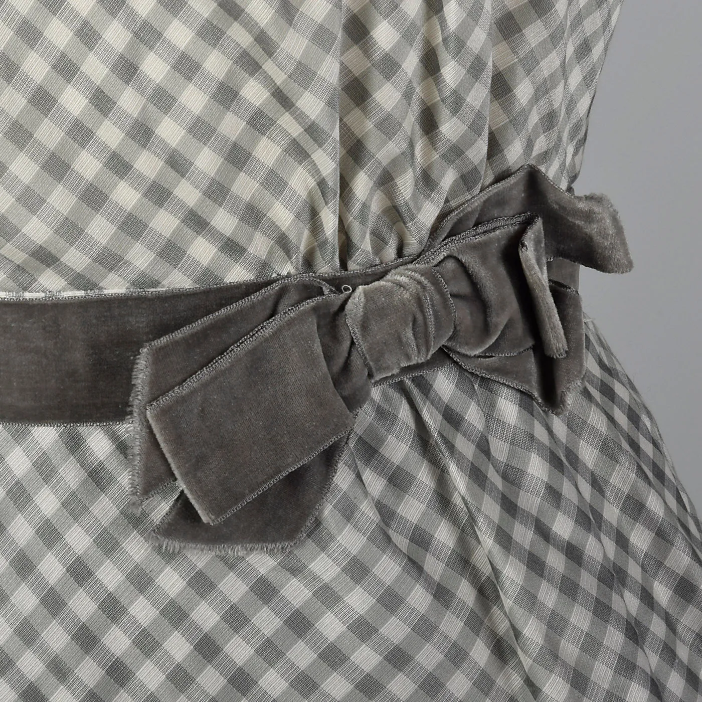 1950s Gray and White Gingham Dress with Velvet Waist Band