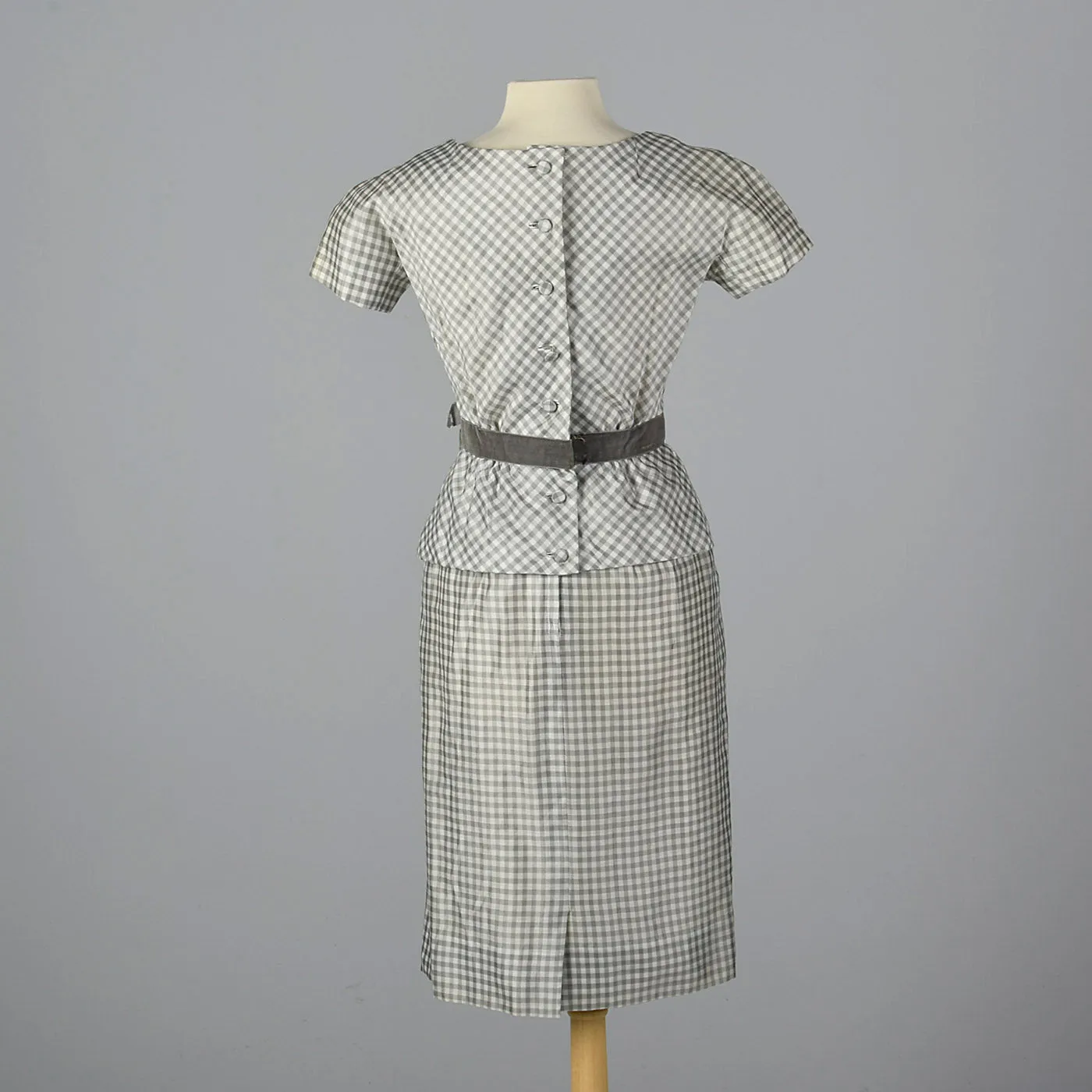 1950s Gray and White Gingham Dress with Velvet Waist Band