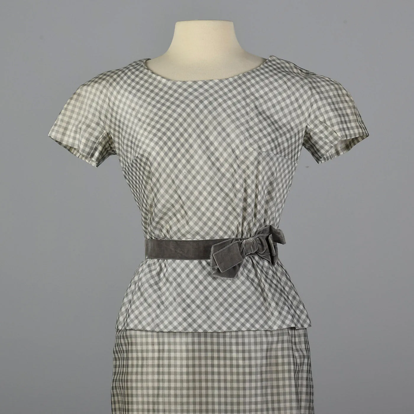 1950s Gray and White Gingham Dress with Velvet Waist Band