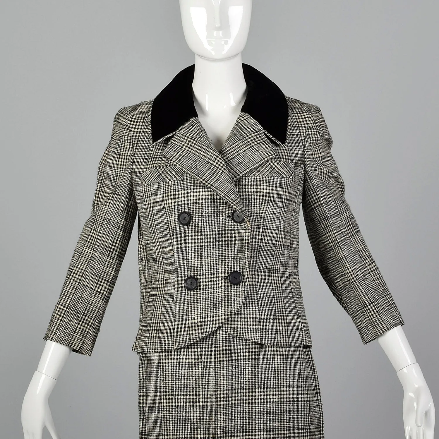 1960s Black Plaid Two Piece Skirt Suit with Velvet Collar