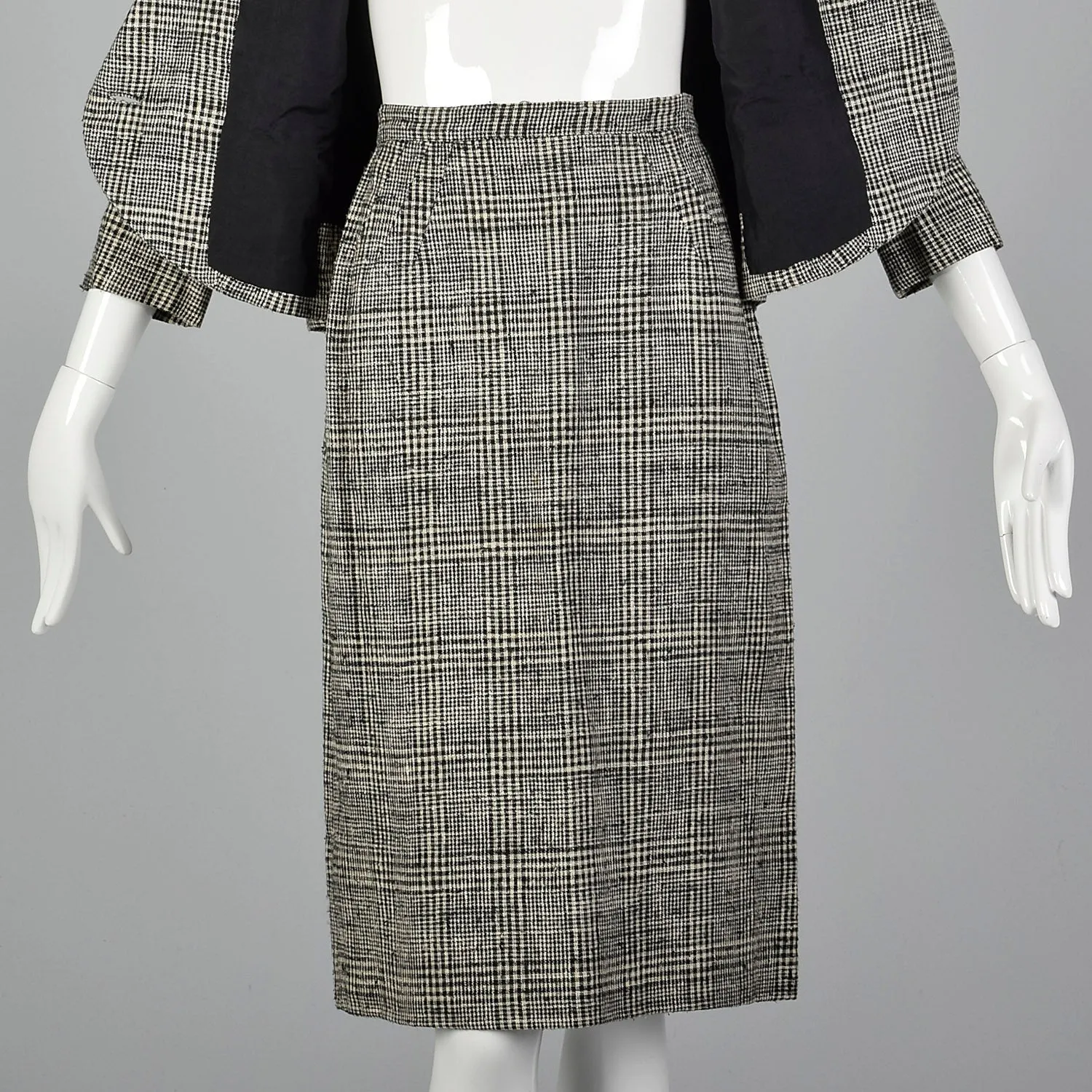 1960s Black Plaid Two Piece Skirt Suit with Velvet Collar