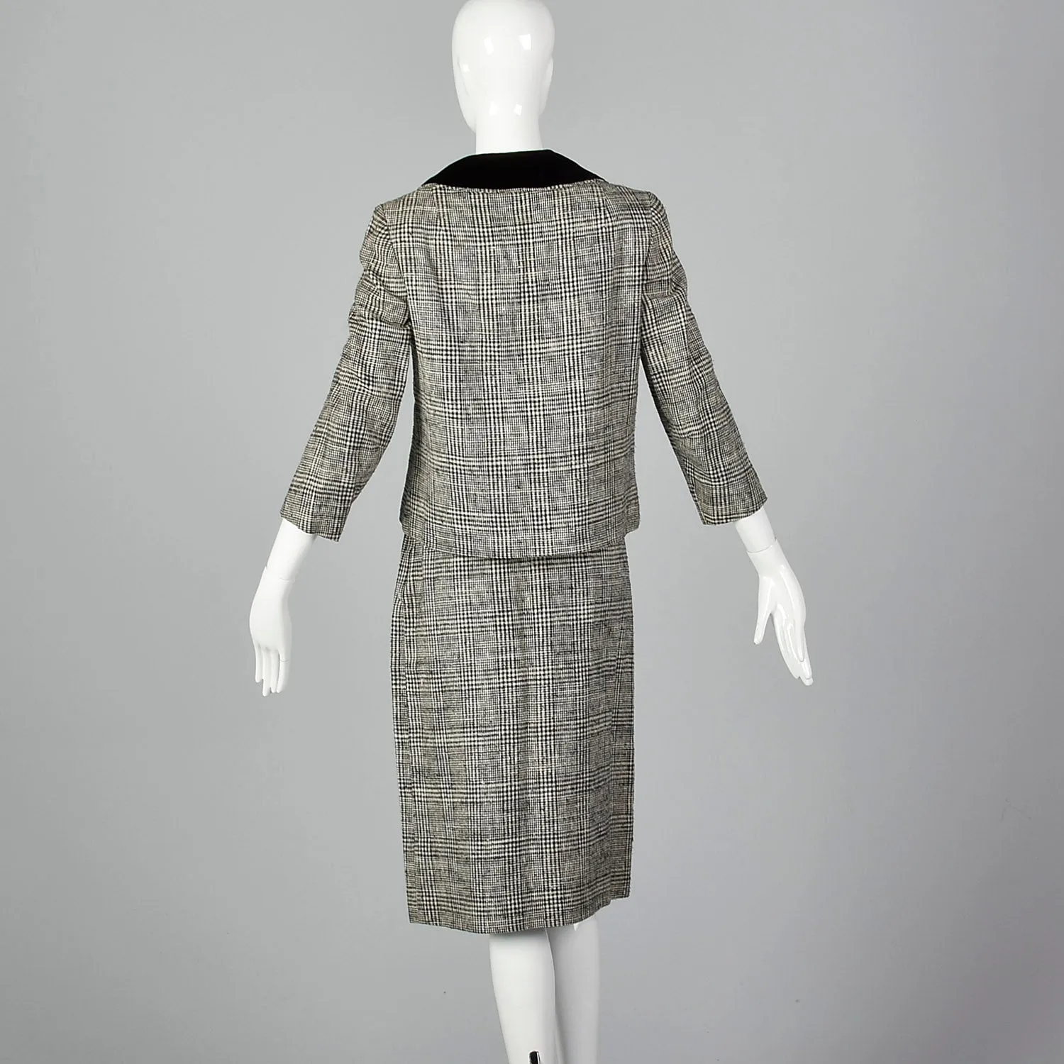 1960s Black Plaid Two Piece Skirt Suit with Velvet Collar