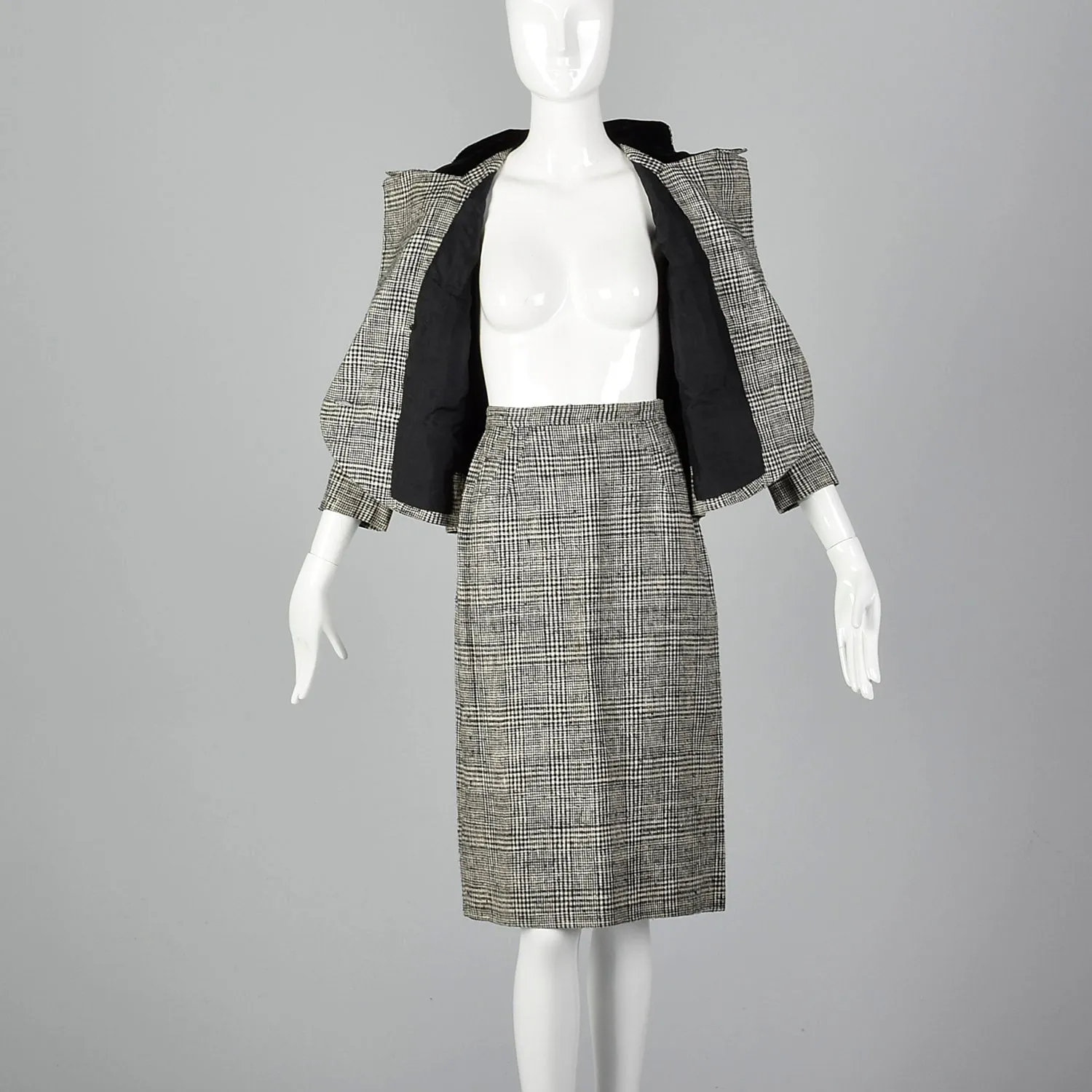 1960s Black Plaid Two Piece Skirt Suit with Velvet Collar