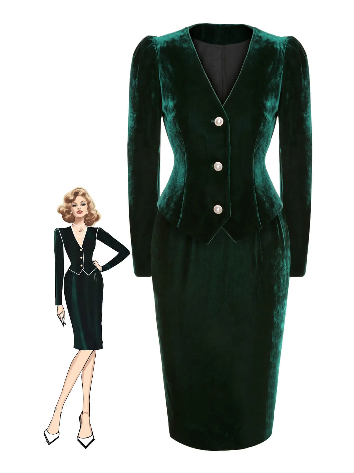 2PCS Green 1960s Velvet Coat & Pencil Skirt