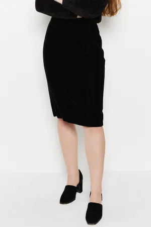 80s Black Velvet Pencil Skirt S