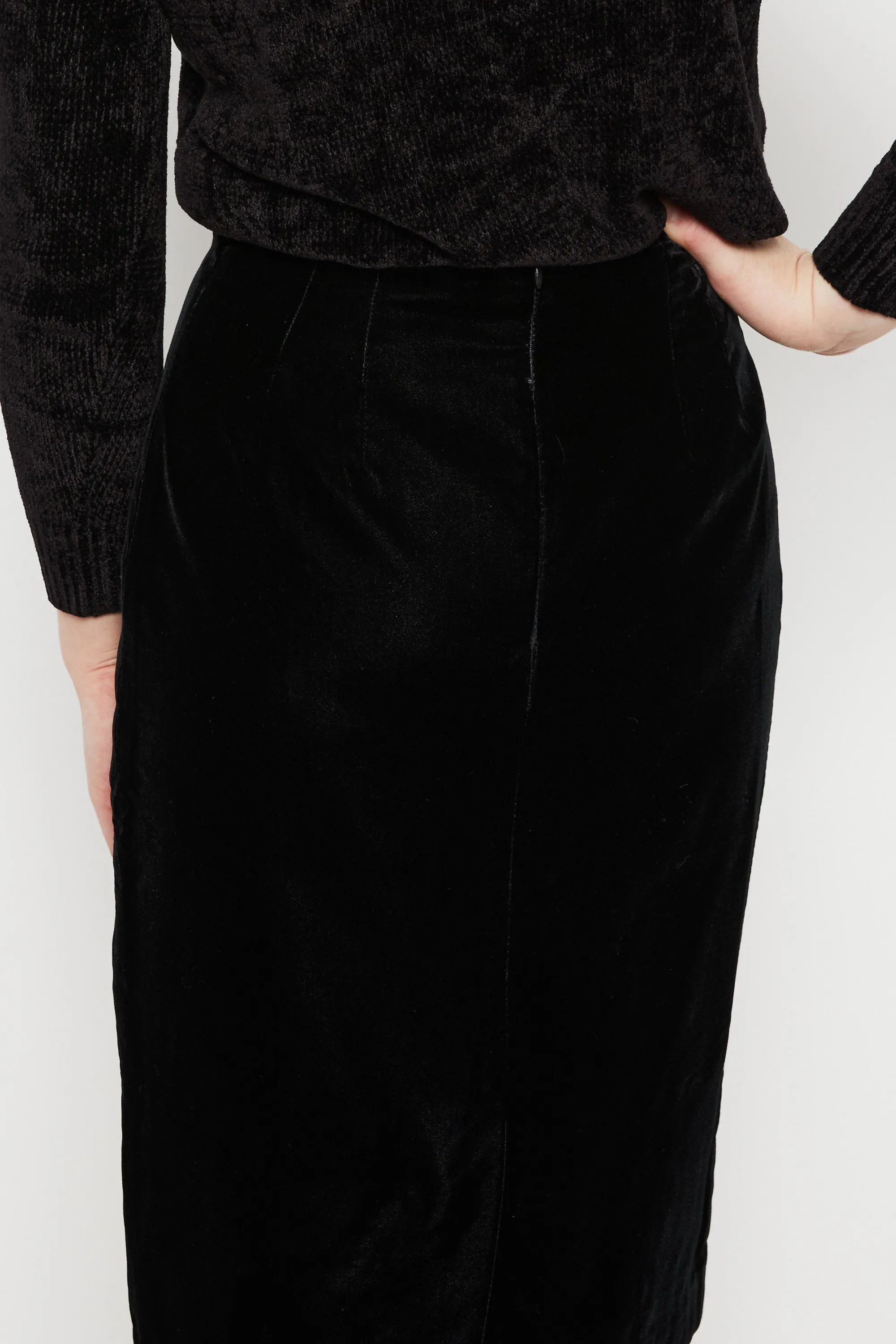 80s Black Velvet Pencil Skirt S