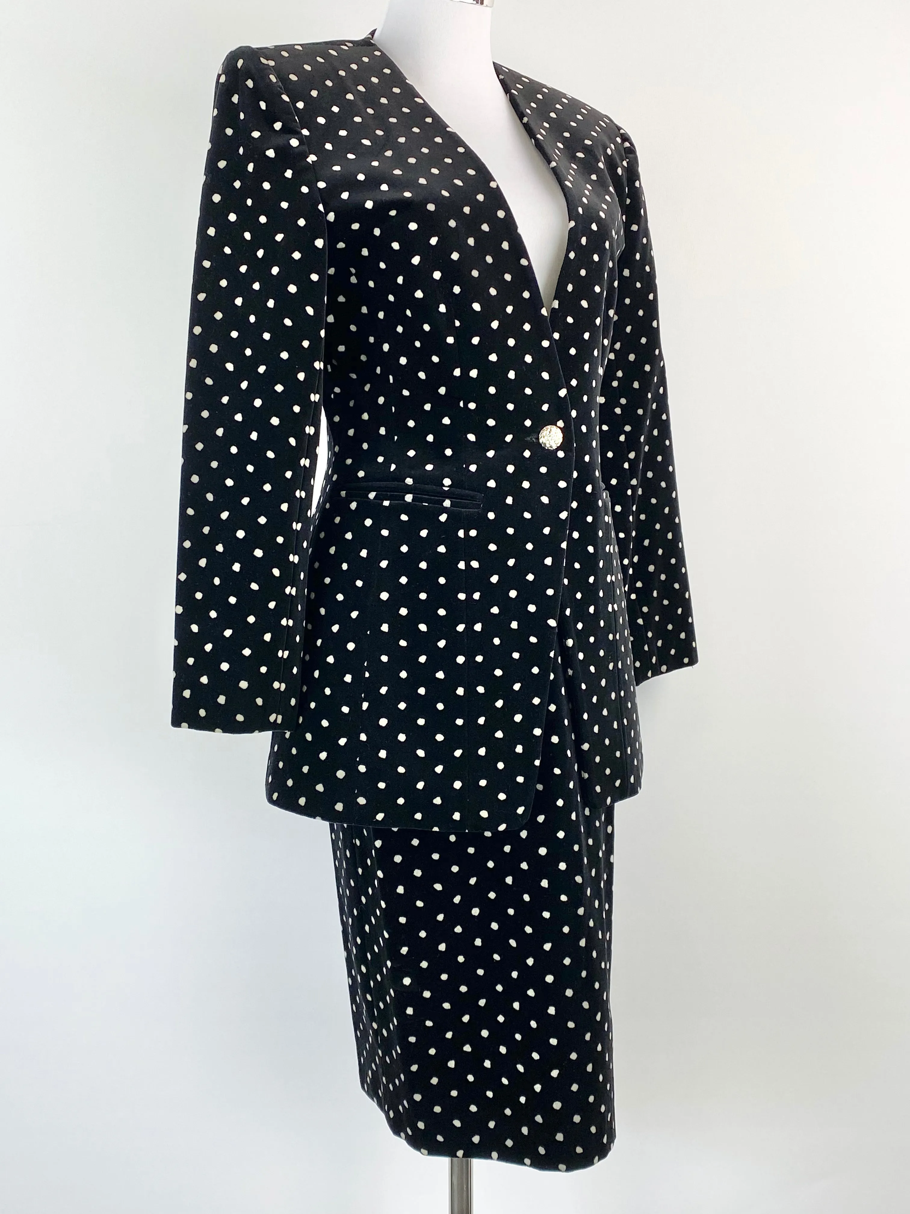 80s West German Black Velvet Polka Dot Suit - AU10