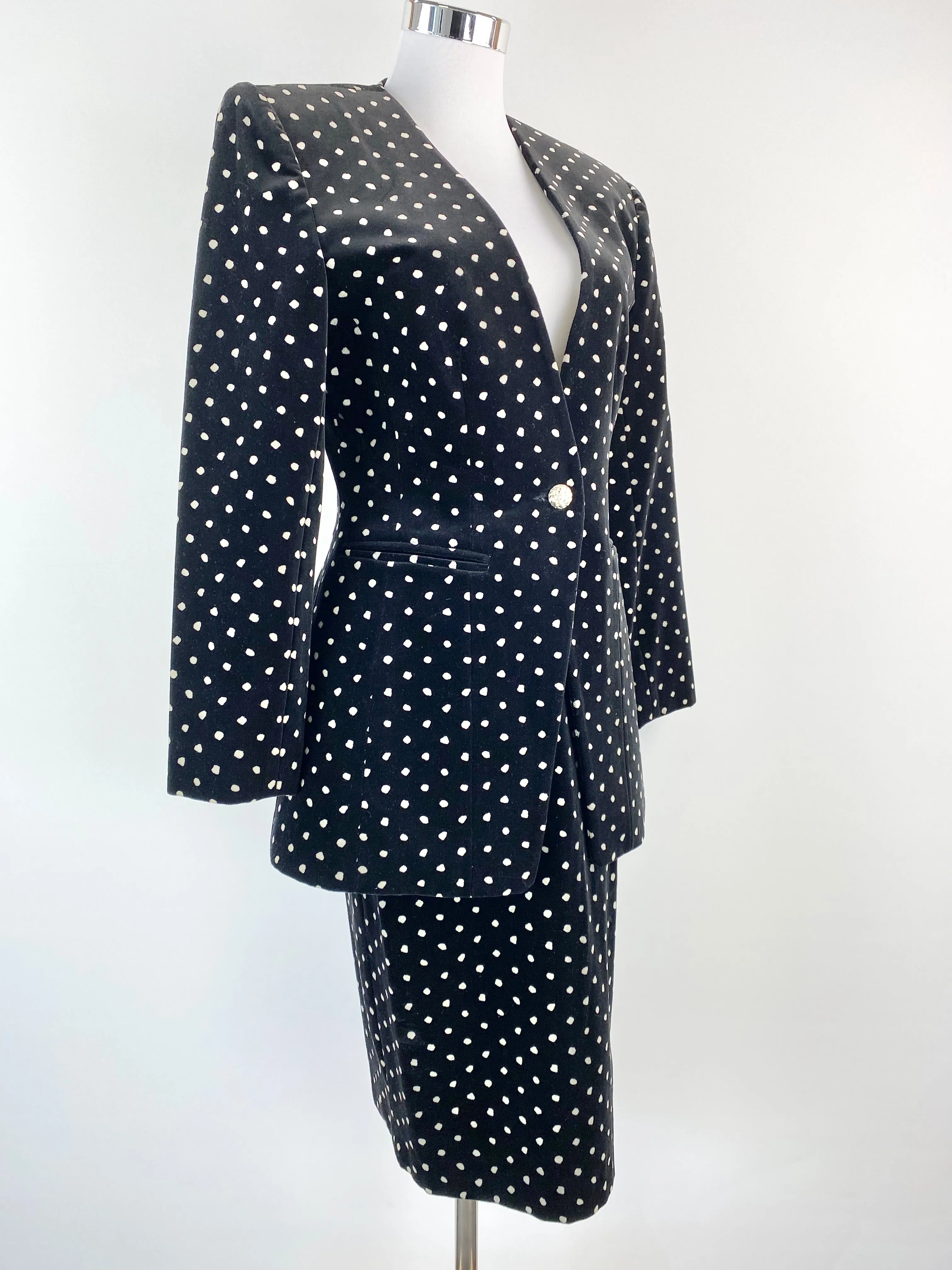 80s West German Black Velvet Polka Dot Suit - AU10