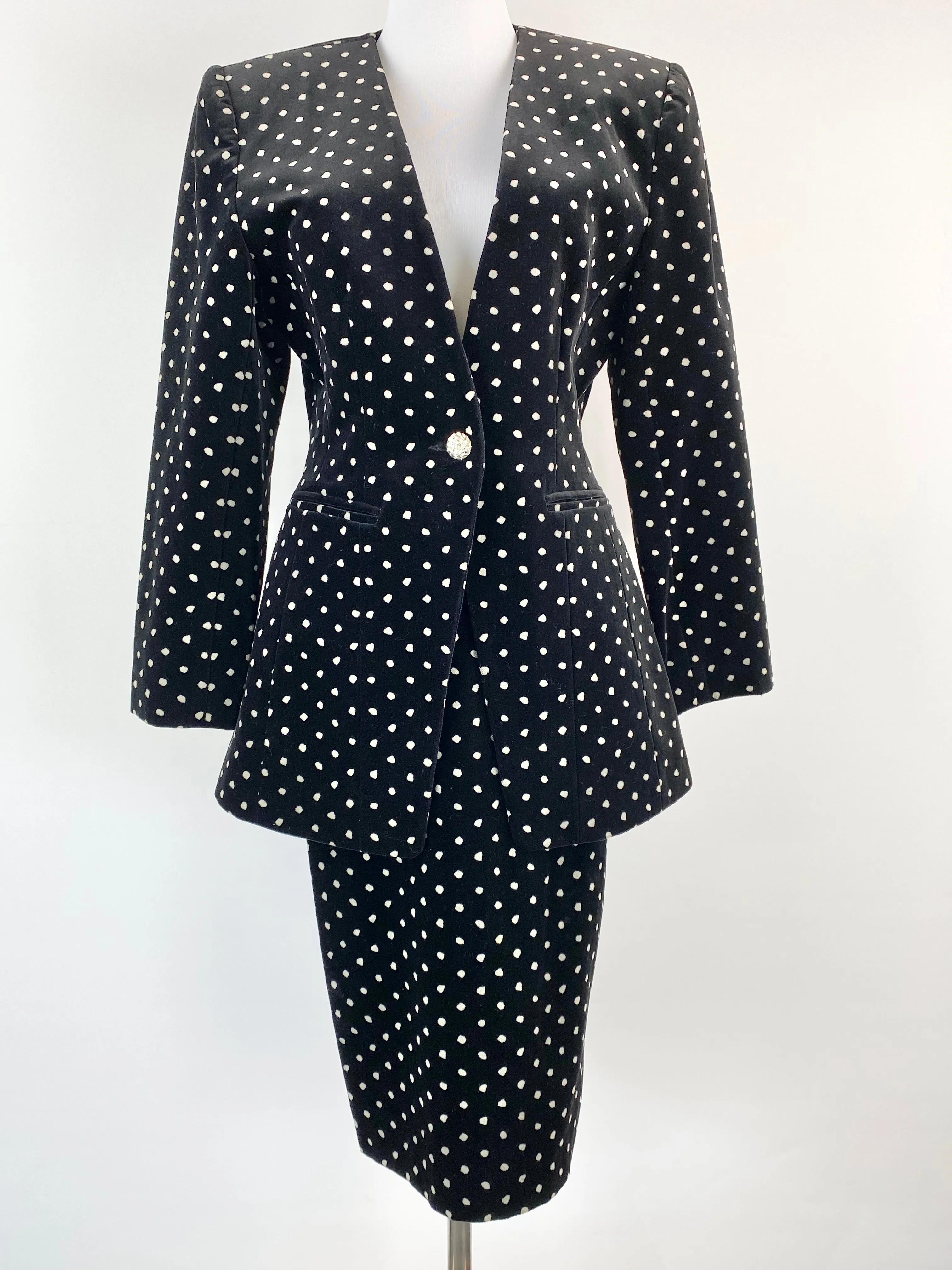 80s West German Black Velvet Polka Dot Suit - AU10