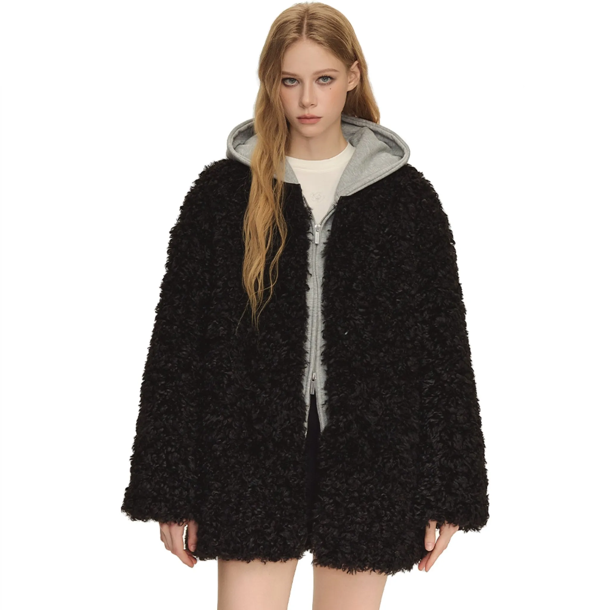 Black Oversized Round Neck Sherpa Coat