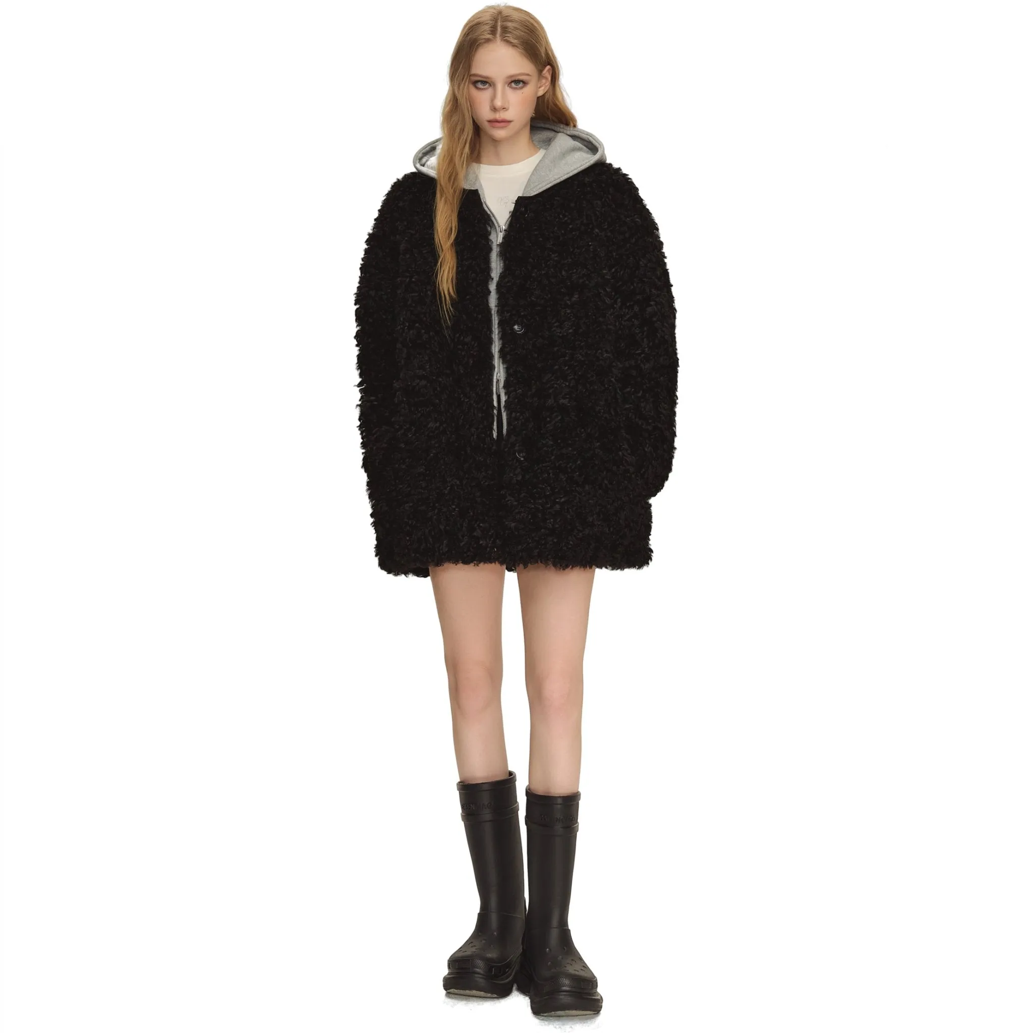 Black Oversized Round Neck Sherpa Coat