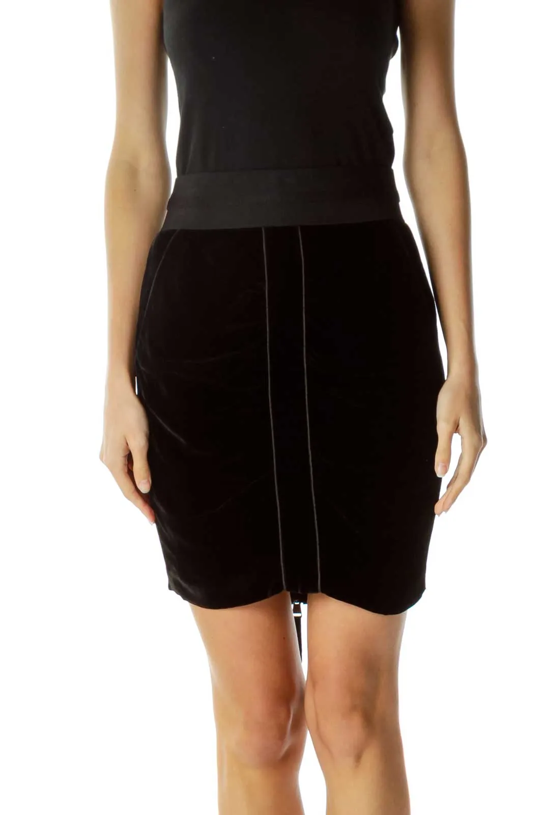 Black Velvet Elastic Waist Pencil Skirt