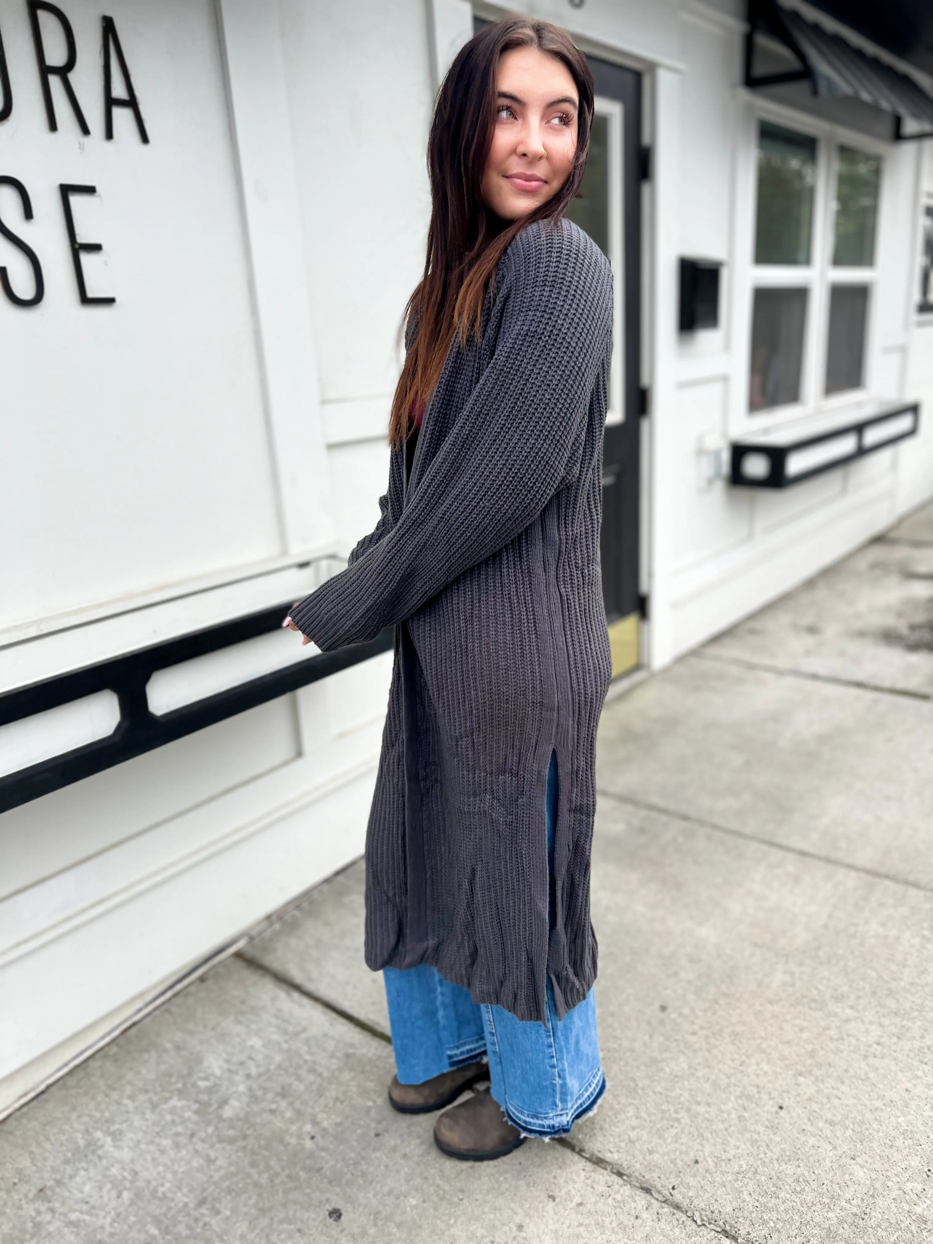 Cherish Charcoal Maxi Knit Cardigan