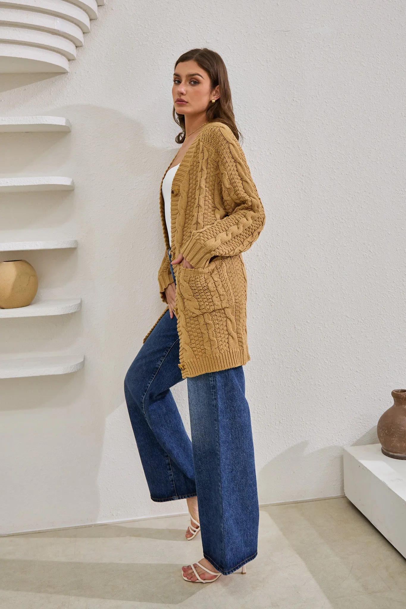 Dawn Mocha Longline Cable Knit Cardigan