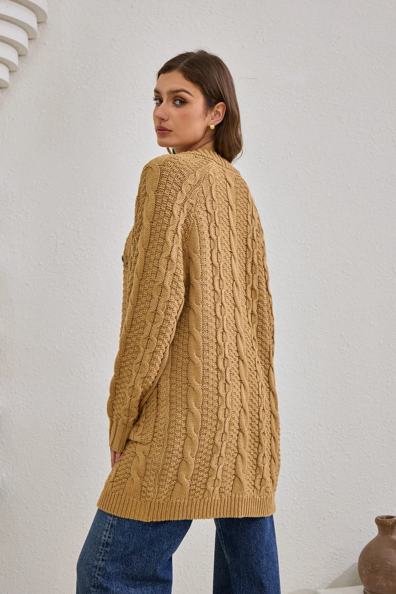 Dawn Mocha Longline Cable Knit Cardigan