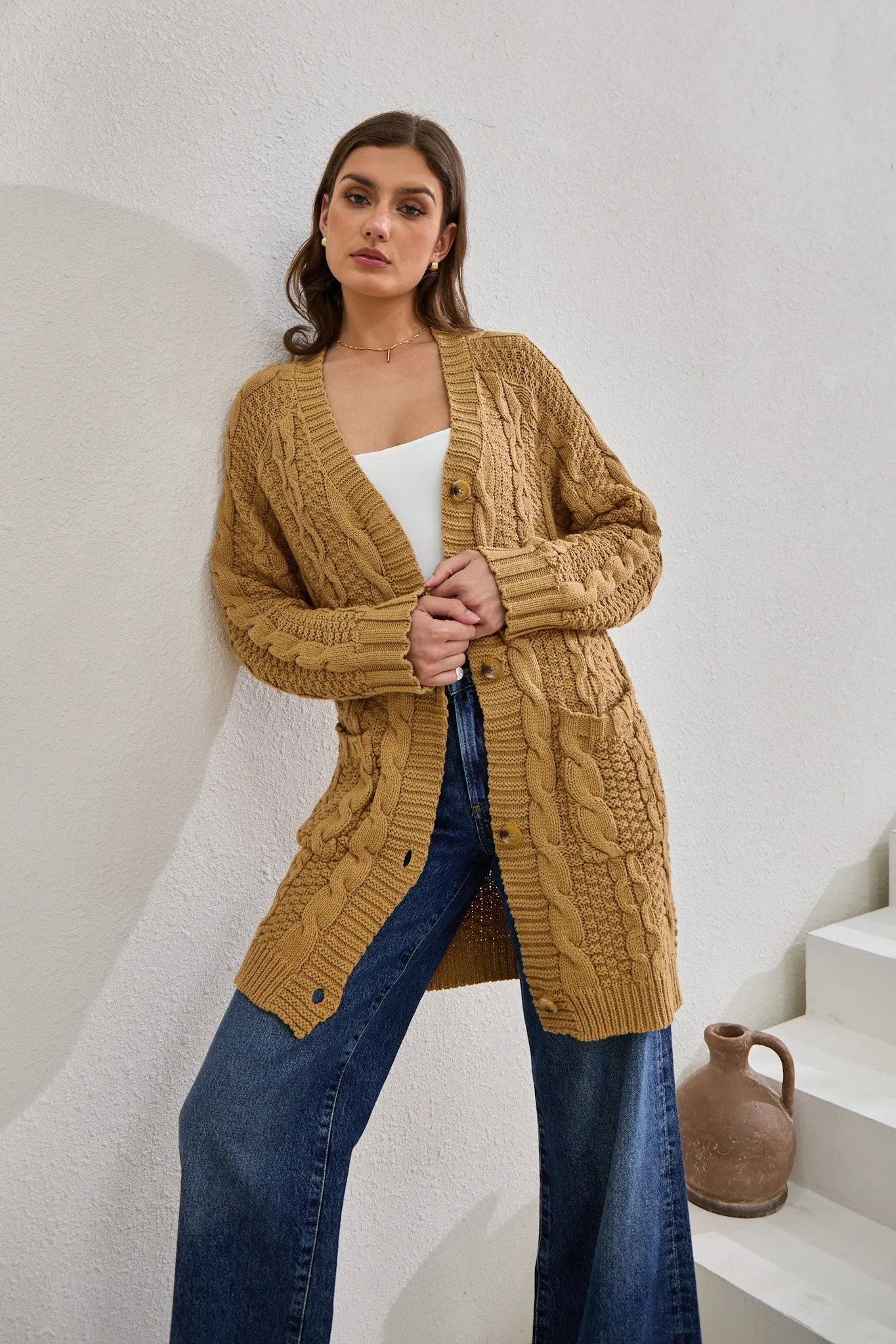 Dawn Mocha Longline Cable Knit Cardigan