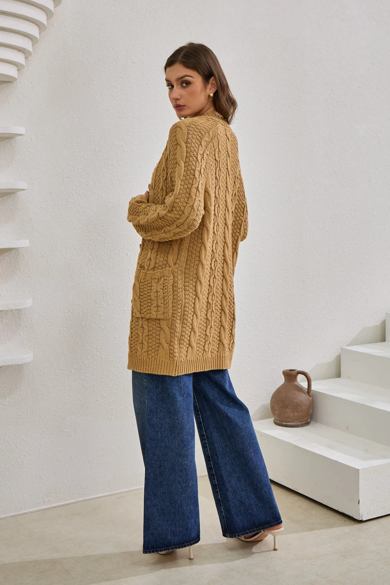 Dawn Mocha Longline Cable Knit Cardigan