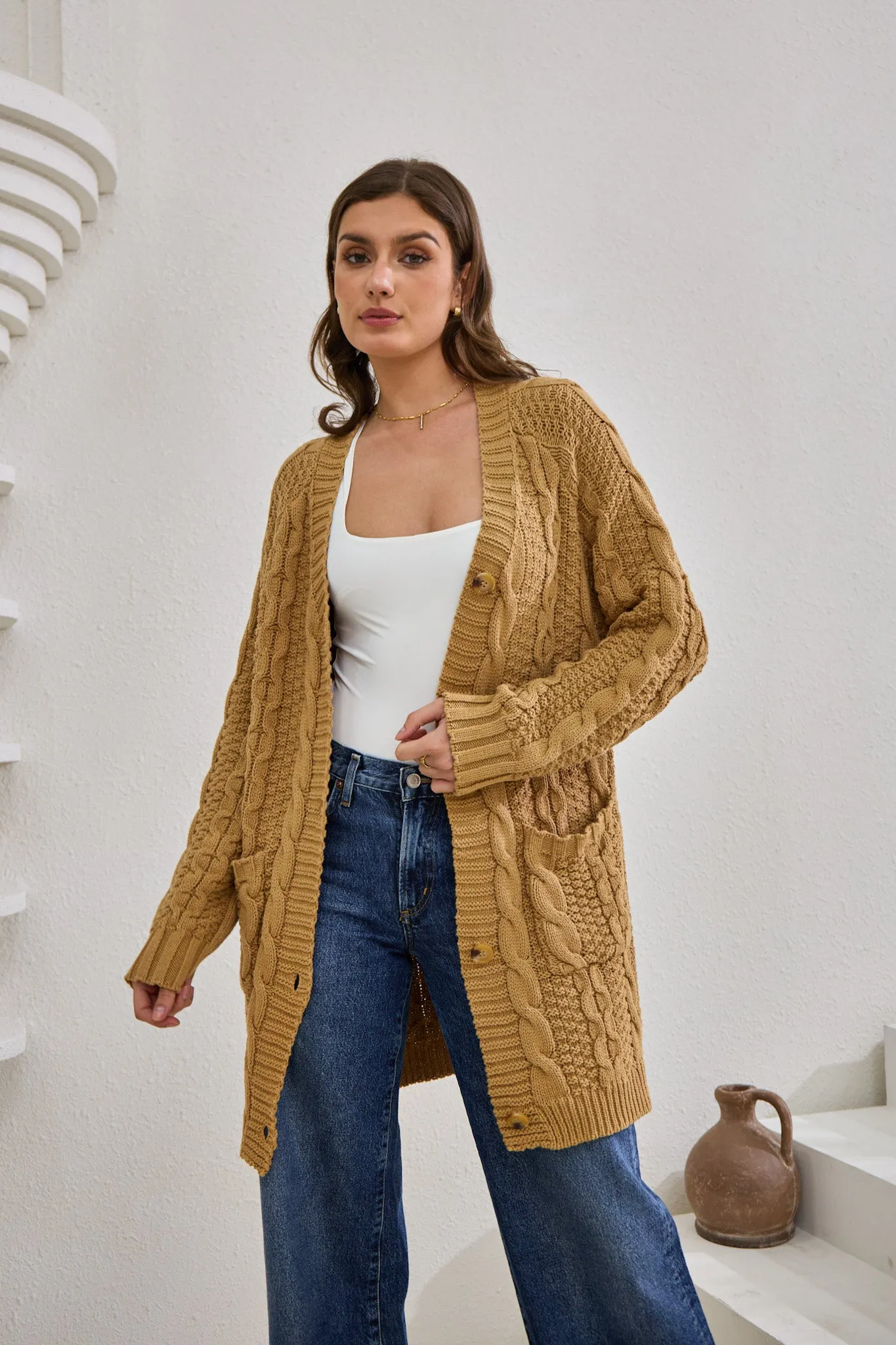 Dawn Mocha Longline Cable Knit Cardigan