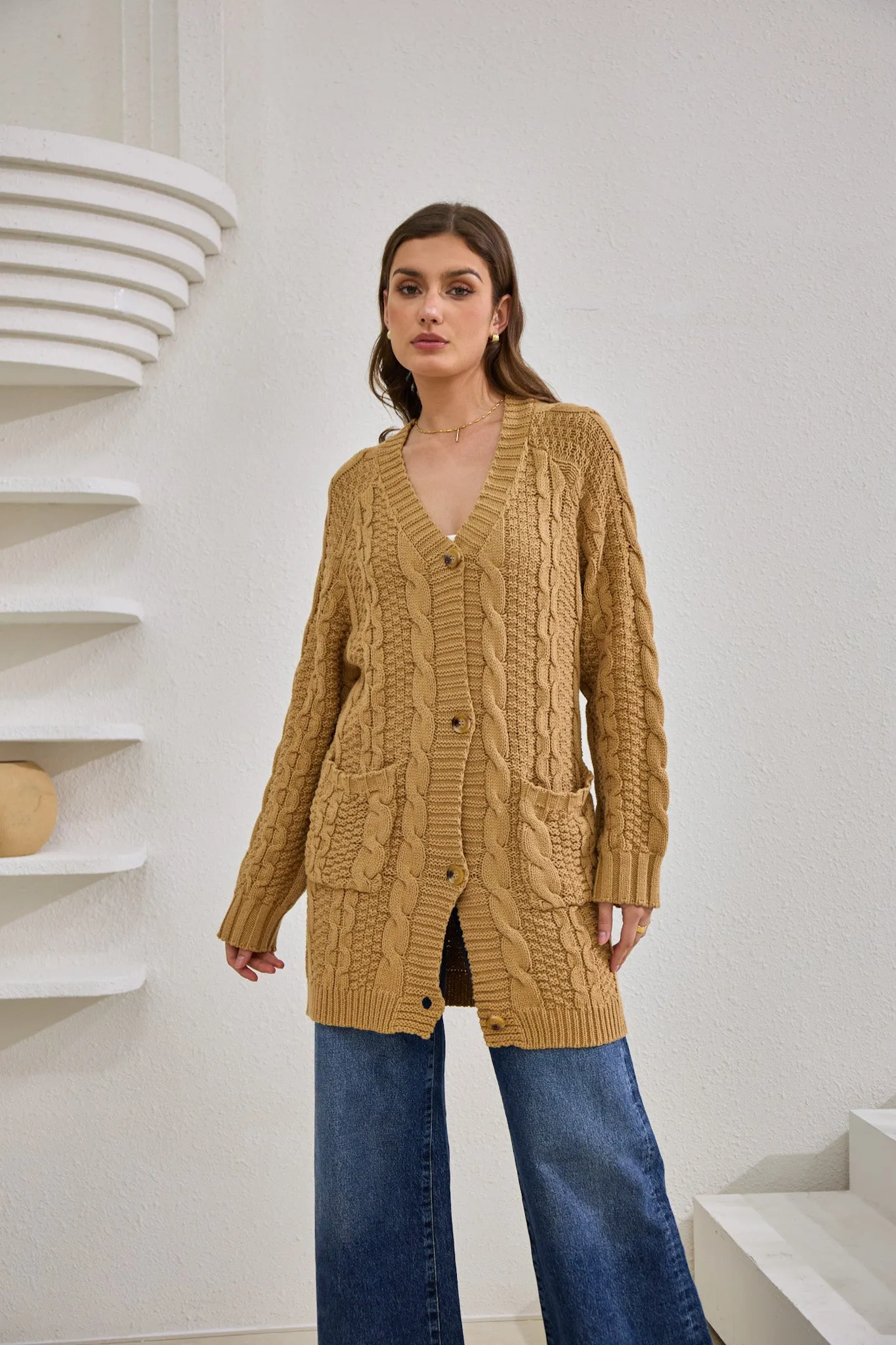 Dawn Mocha Longline Cable Knit Cardigan