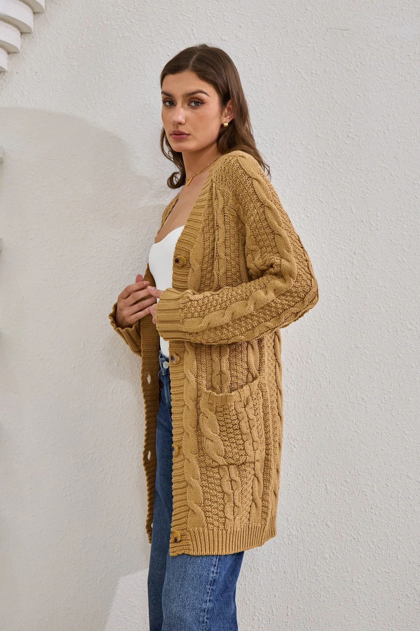 Dawn Mocha Longline Cable Knit Cardigan