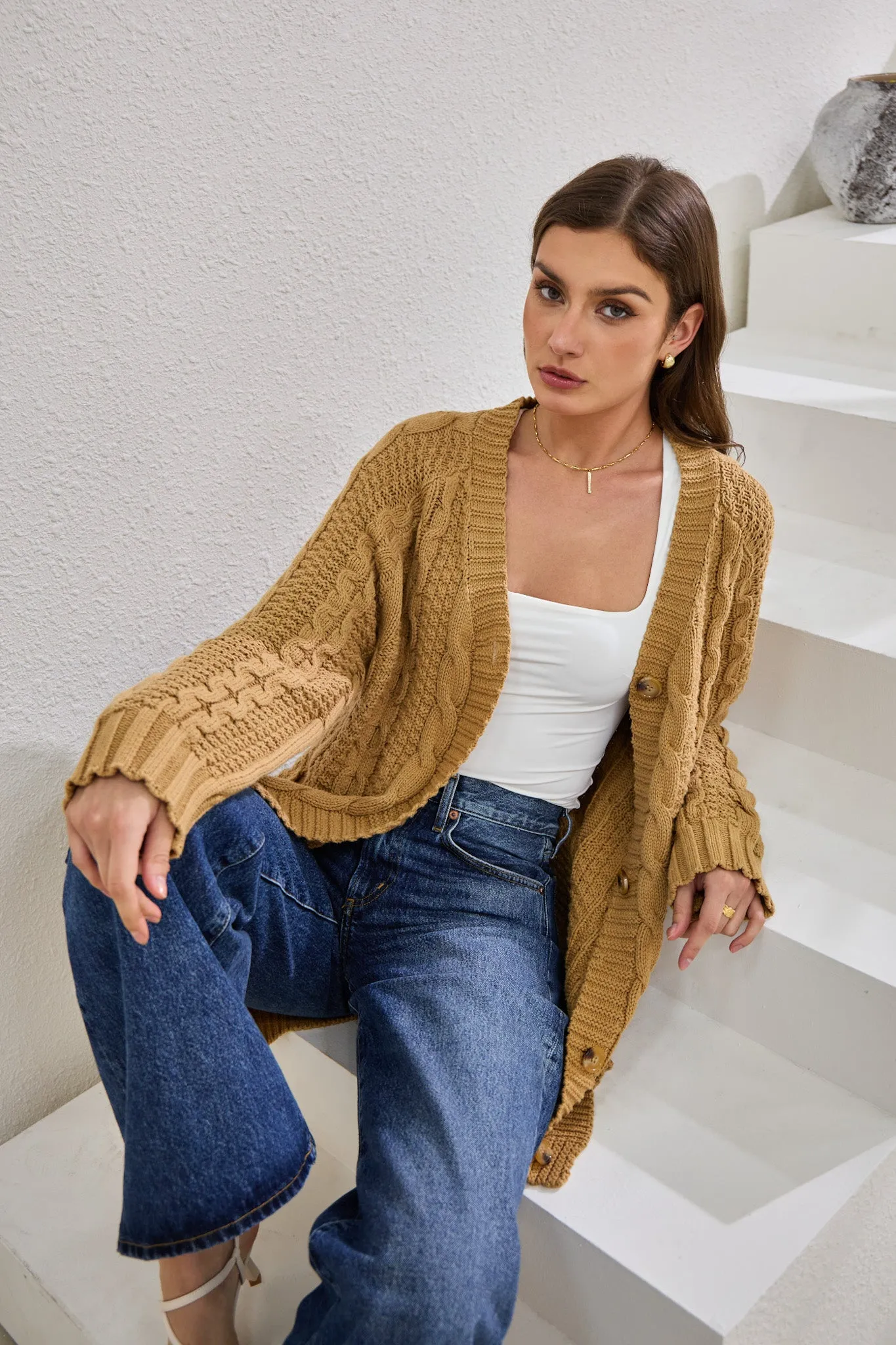 Dawn Mocha Longline Cable Knit Cardigan