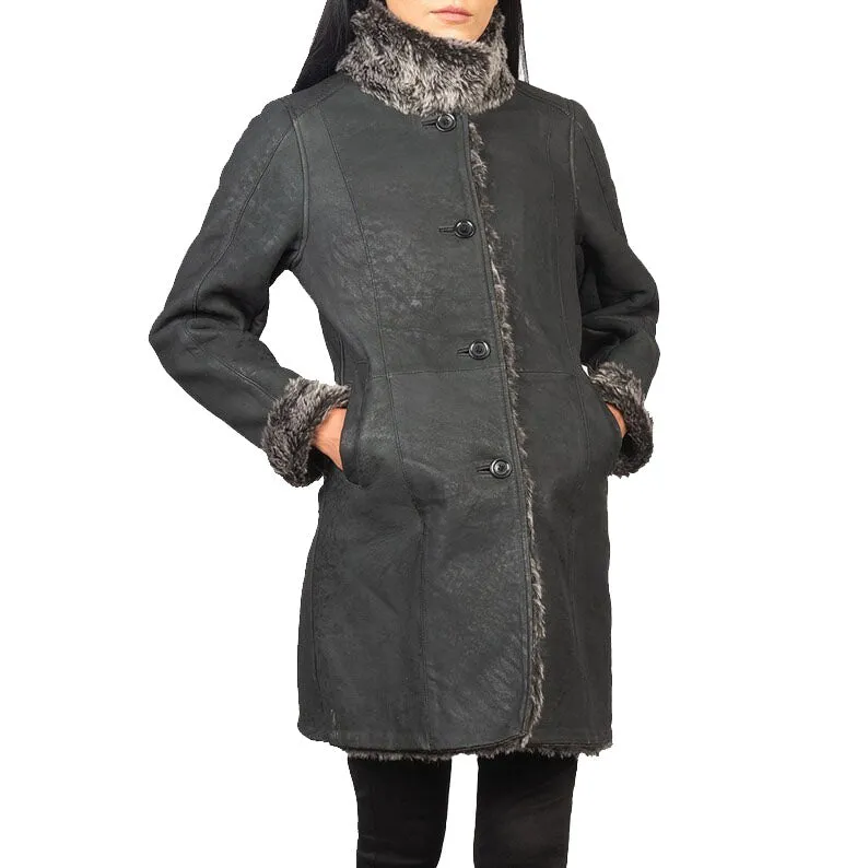 Distressed Black Shearling Leather Coat For Women