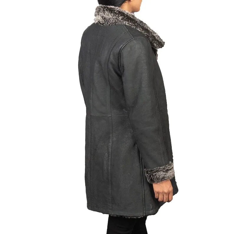 Distressed Black Shearling Leather Coat For Women