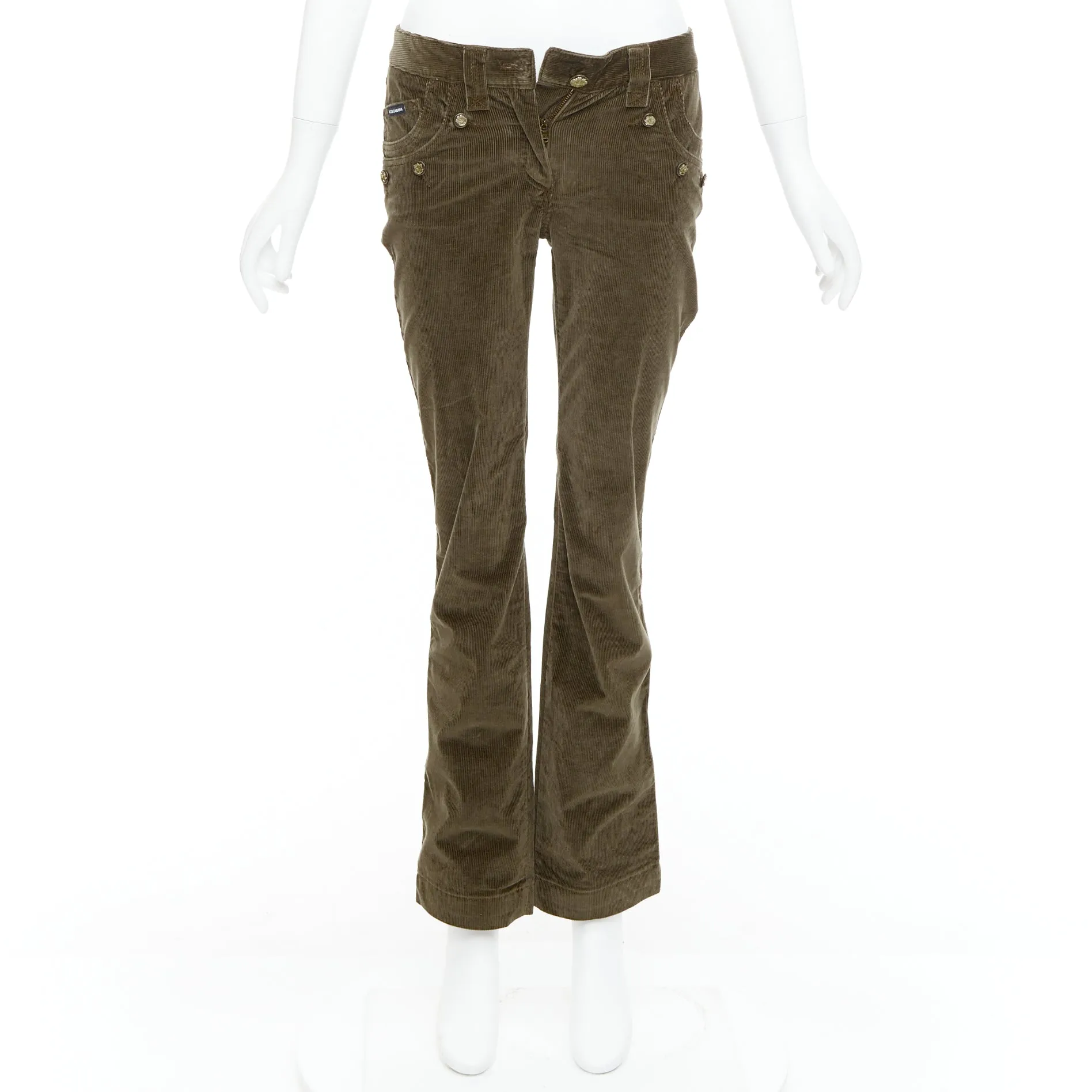 DOLCE GABBANA khaki corduroy DG crest buttons flared pants IT38 XS