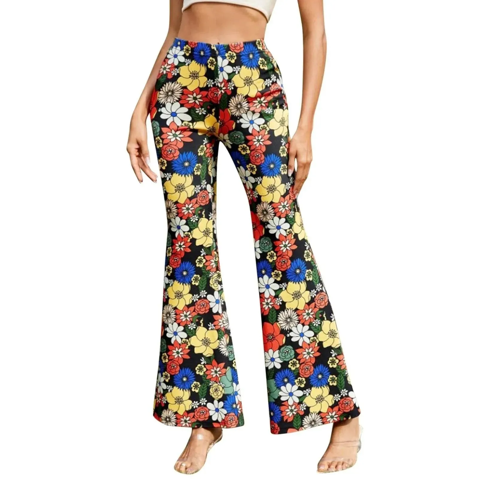 Flared Pants - Floral Print - Elastic Waist