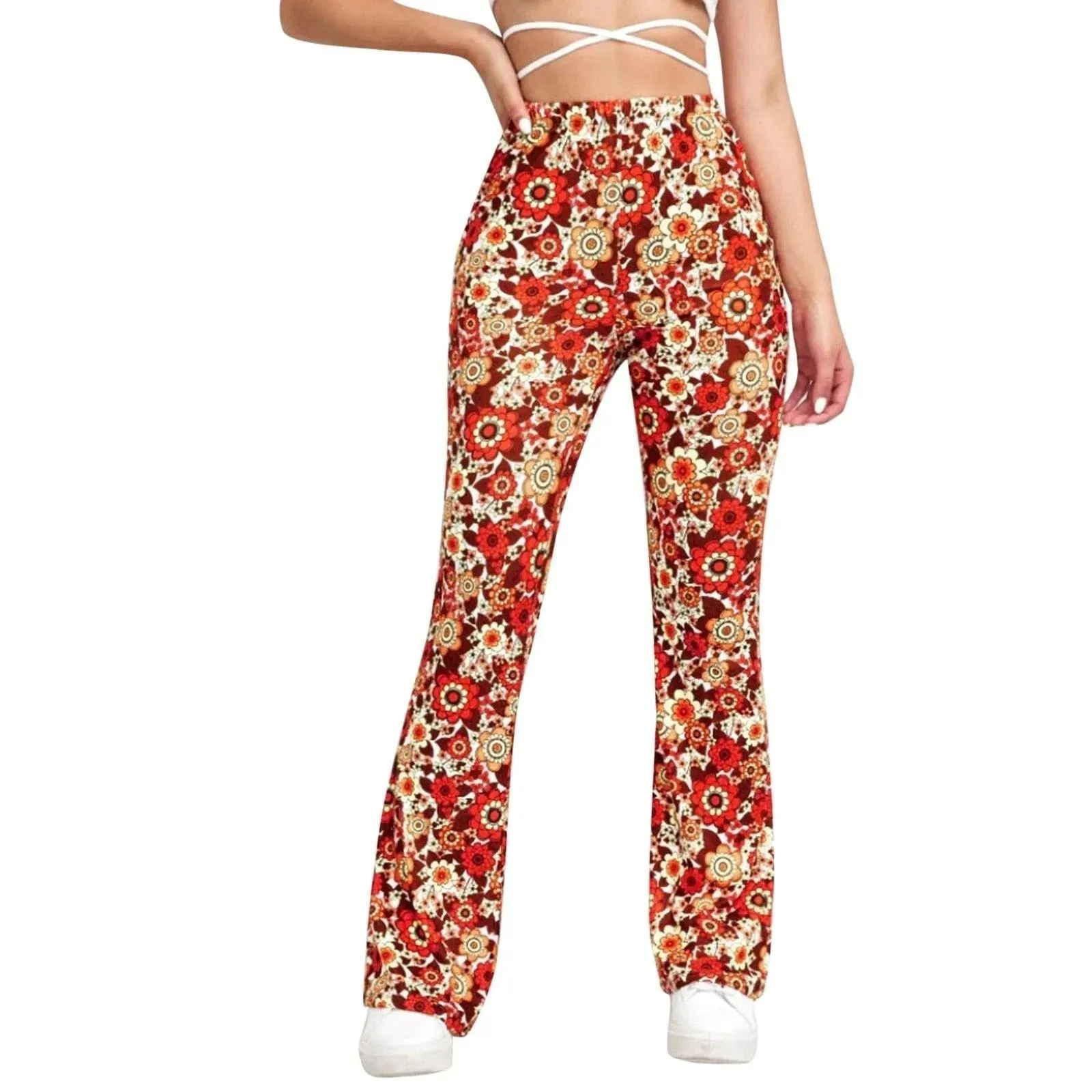 Flared Pants - Floral Print - Elastic Waist