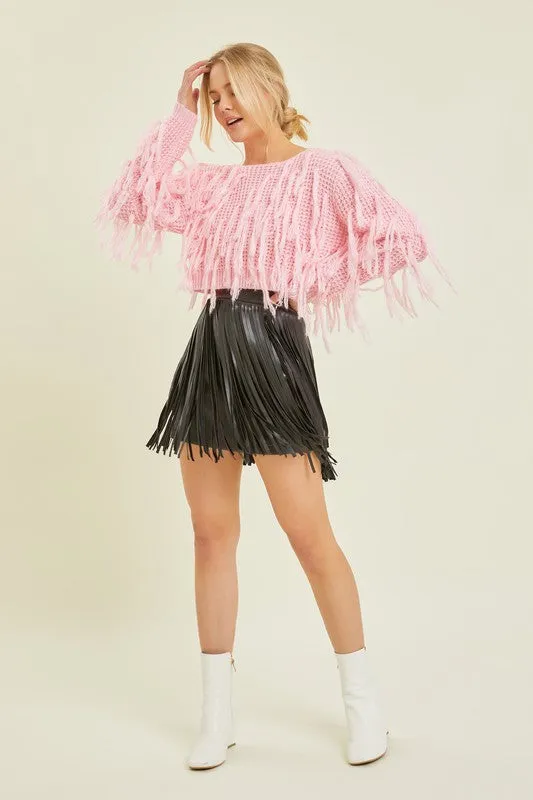 Fringe Benefits Pink Fringe Cropped Sweater