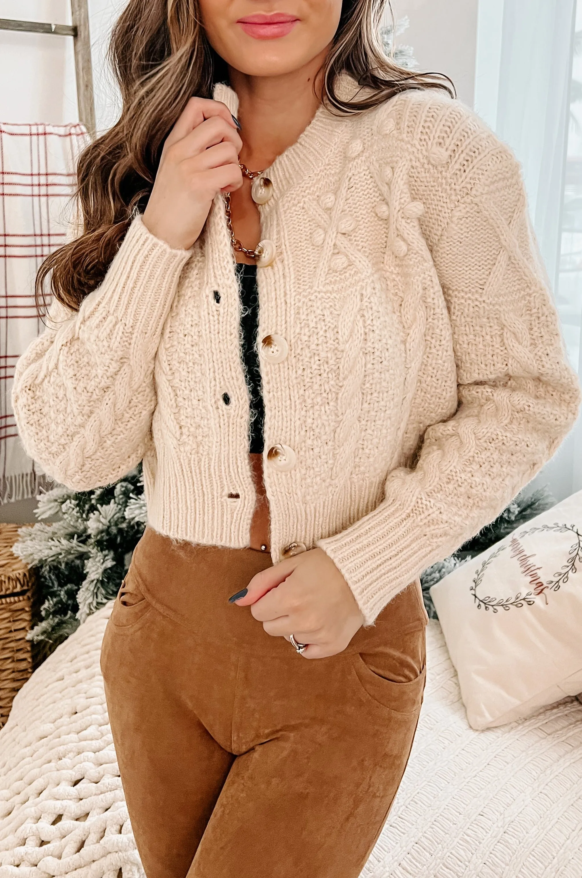 Genuine Warmth Cropped Cable Knit Cardigan Sweater (Cream)