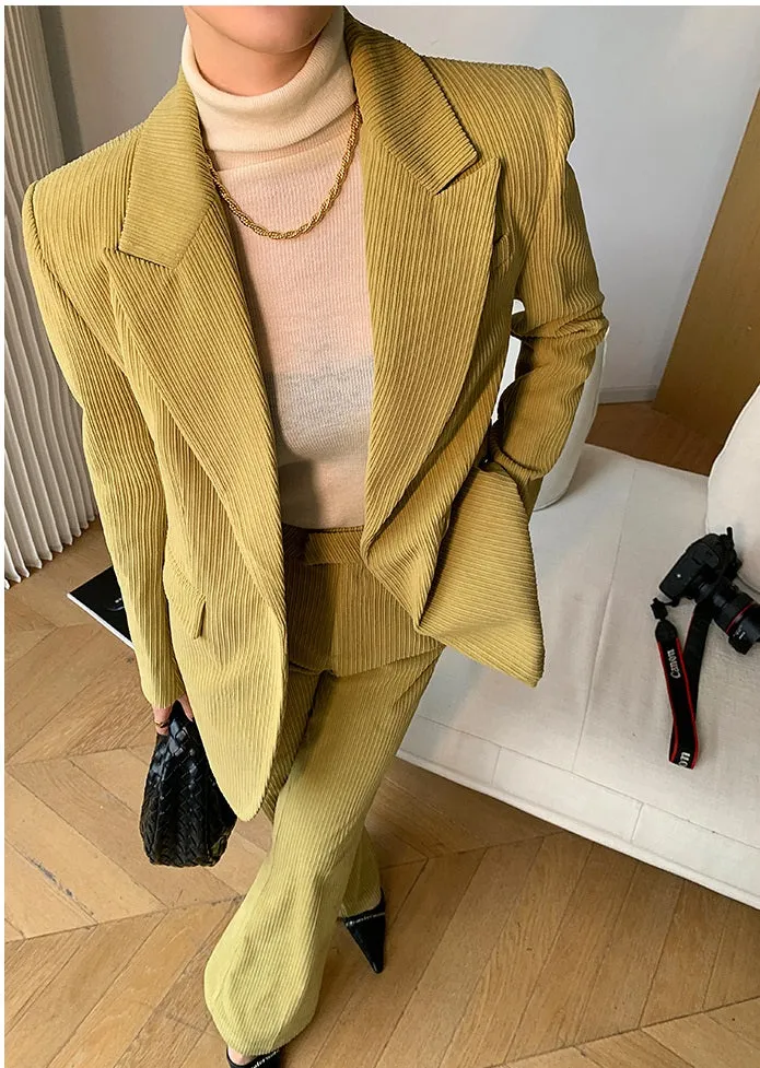 Green WANXO retro corduroy two-piece suit new suit jacket high waist casual wide leg pants- Orfara