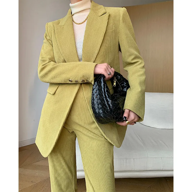 Green WANXO retro corduroy two-piece suit new suit jacket high waist casual wide leg pants- Orfara