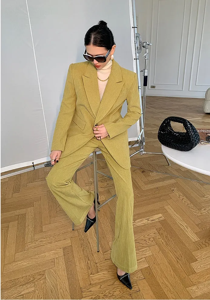 Green WANXO retro corduroy two-piece suit new suit jacket high waist casual wide leg pants- Orfara