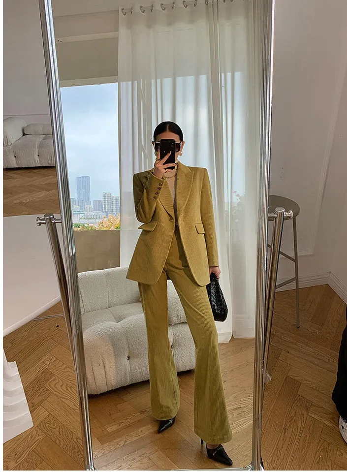 Green WANXO retro corduroy two-piece suit new suit jacket high waist casual wide leg pants- Orfara