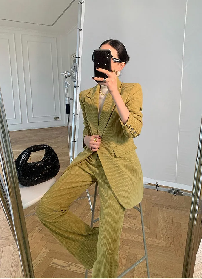 Green WANXO retro corduroy two-piece suit new suit jacket high waist casual wide leg pants- Orfara