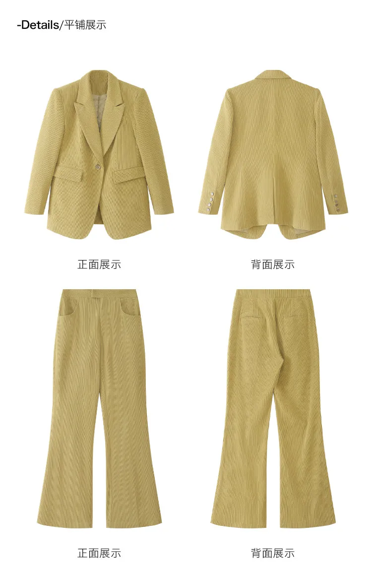 Green WANXO retro corduroy two-piece suit new suit jacket high waist casual wide leg pants- Orfara