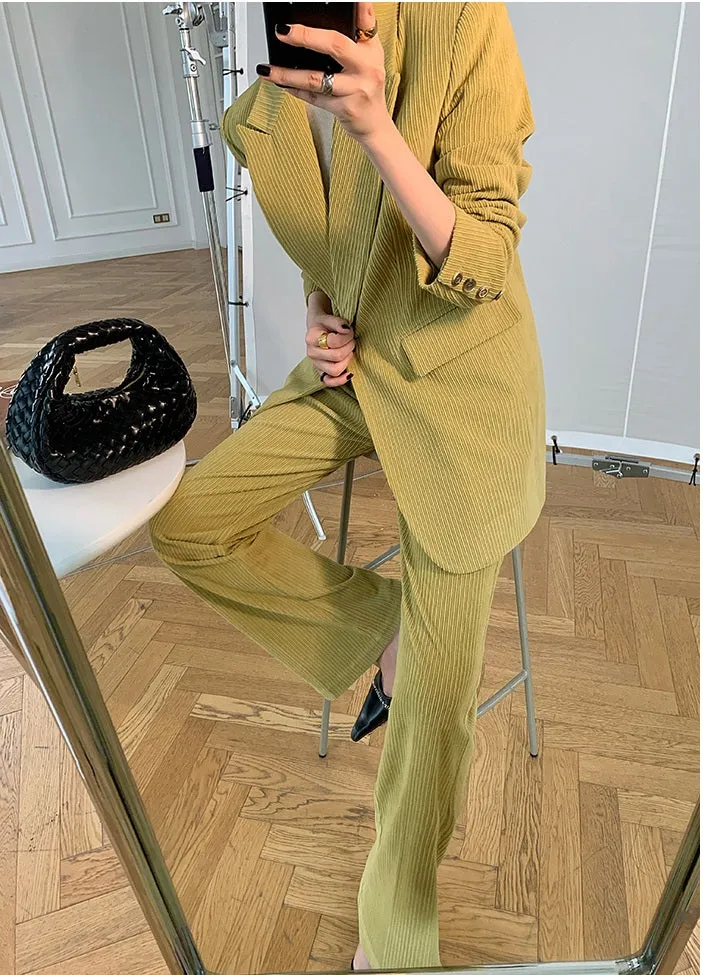 Green WANXO retro corduroy two-piece suit new suit jacket high waist casual wide leg pants- Orfara