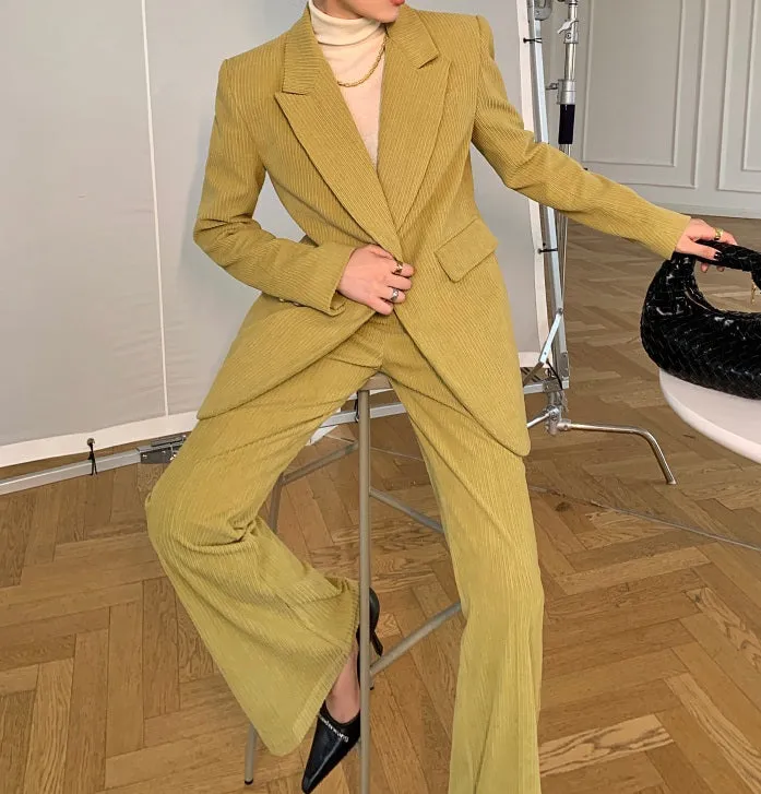 Green WANXO retro corduroy two-piece suit new suit jacket high waist casual wide leg pants- Orfara