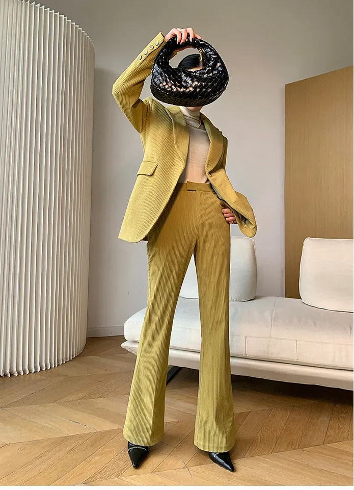 Green WANXO retro corduroy two-piece suit new suit jacket high waist casual wide leg pants- Orfara