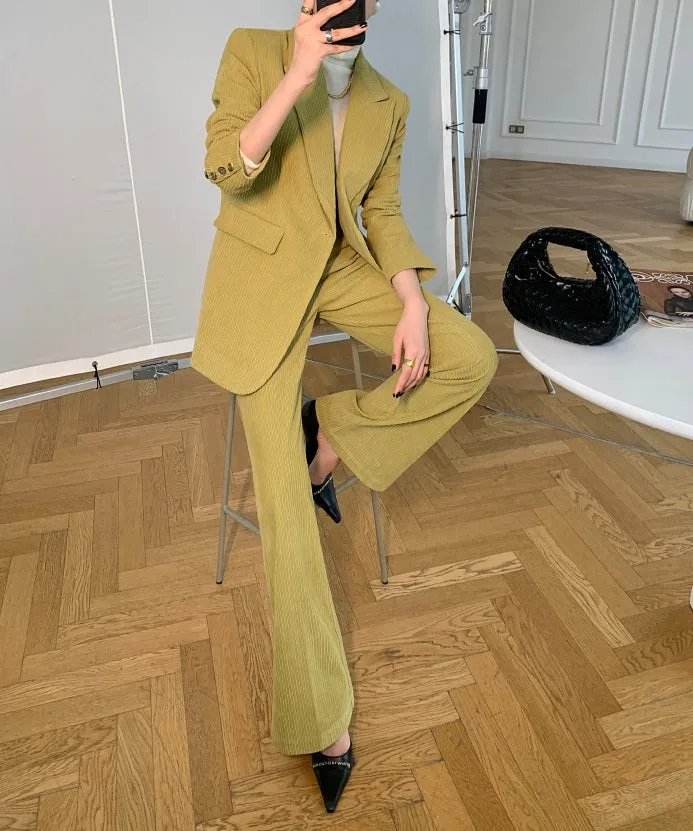 Green WANXO retro corduroy two-piece suit new suit jacket high waist casual wide leg pants- Orfara