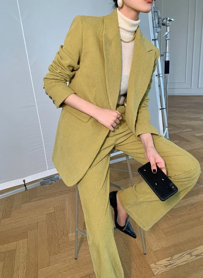 Green WANXO retro corduroy two-piece suit new suit jacket high waist casual wide leg pants- Orfara