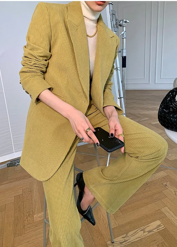 Green WANXO retro corduroy two-piece suit new suit jacket high waist casual wide leg pants- Orfara