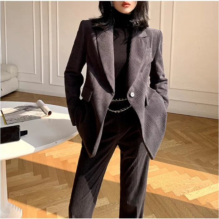 Green WANXO retro corduroy two-piece suit new suit jacket high waist casual wide leg pants- Orfara