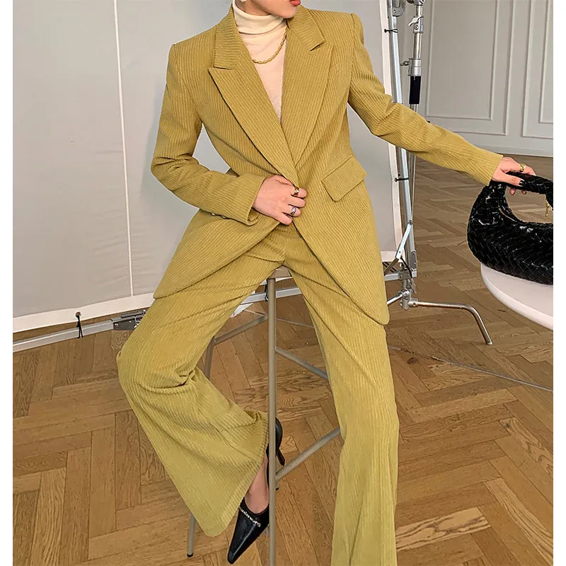 Green WANXO retro corduroy two-piece suit new suit jacket high waist casual wide leg pants- Orfara