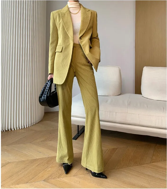 Green WANXO retro corduroy two-piece suit new suit jacket high waist casual wide leg pants- Orfara