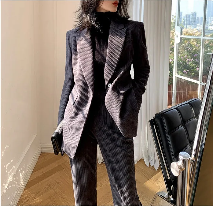 Green WANXO retro corduroy two-piece suit new suit jacket high waist casual wide leg pants- Orfara